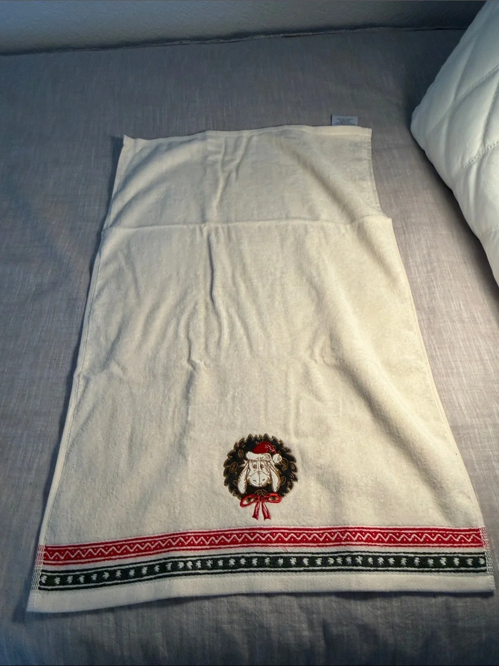 Disney White Hand Towel with Red and Green Holiday Embroidery